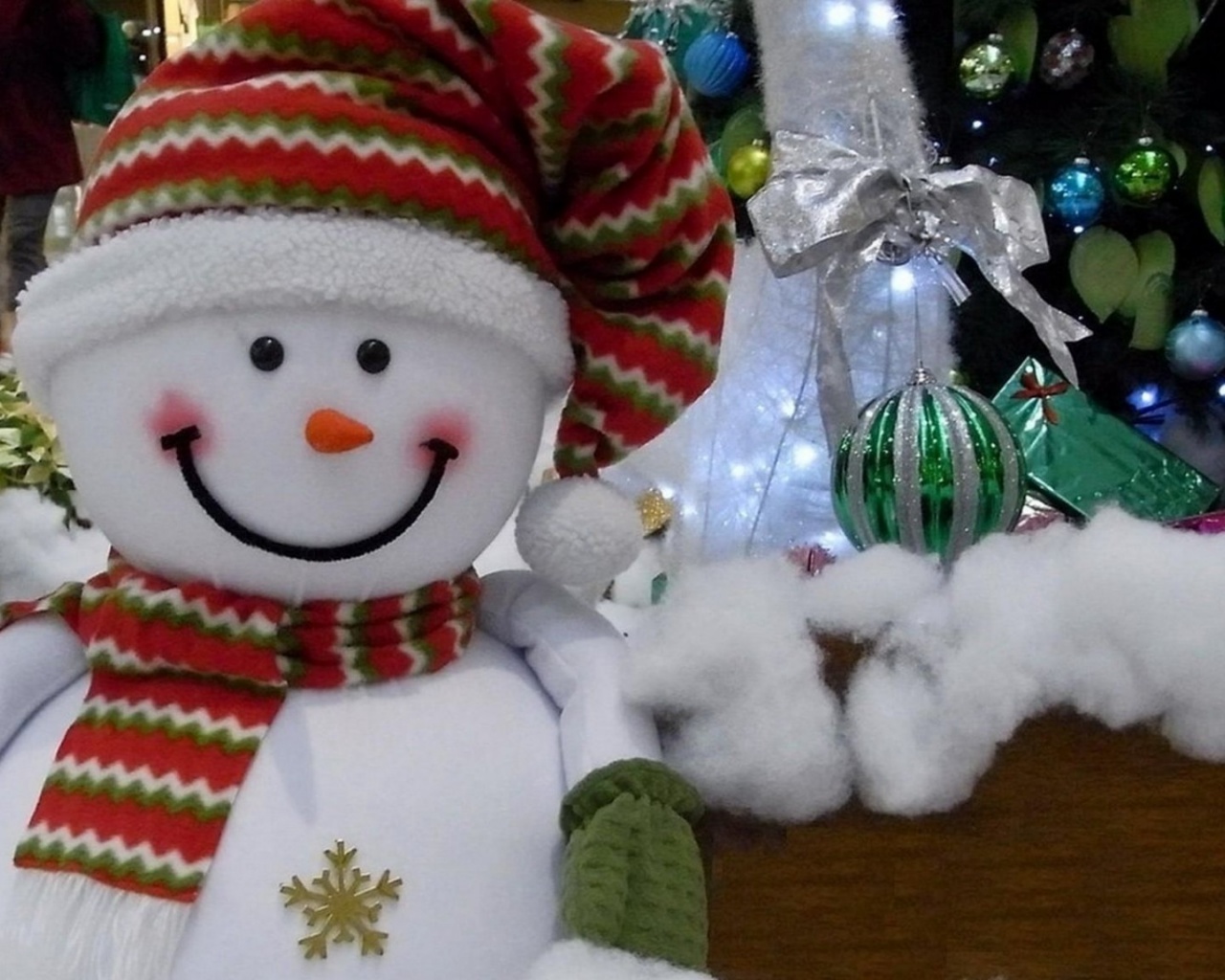 Snowman Smiling Cotton Tree Presents Christmas New Year Holiday