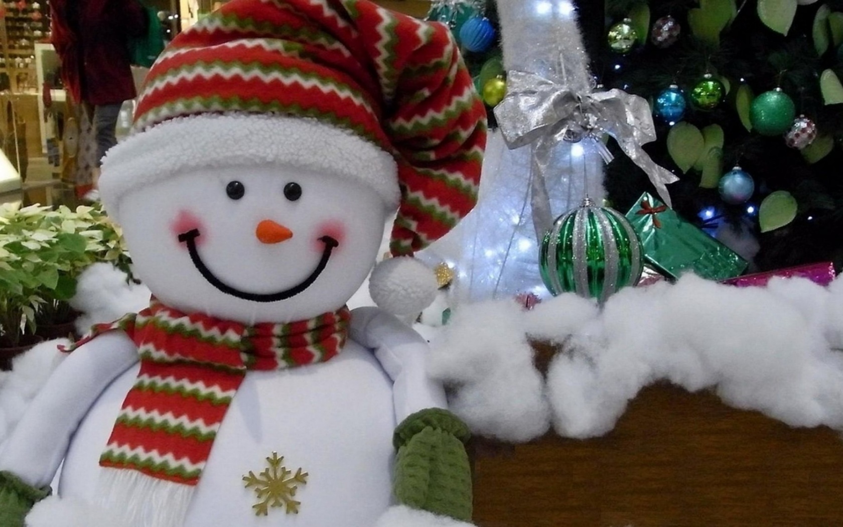 Snowman Smiling Cotton Tree Presents Christmas New Year Holiday