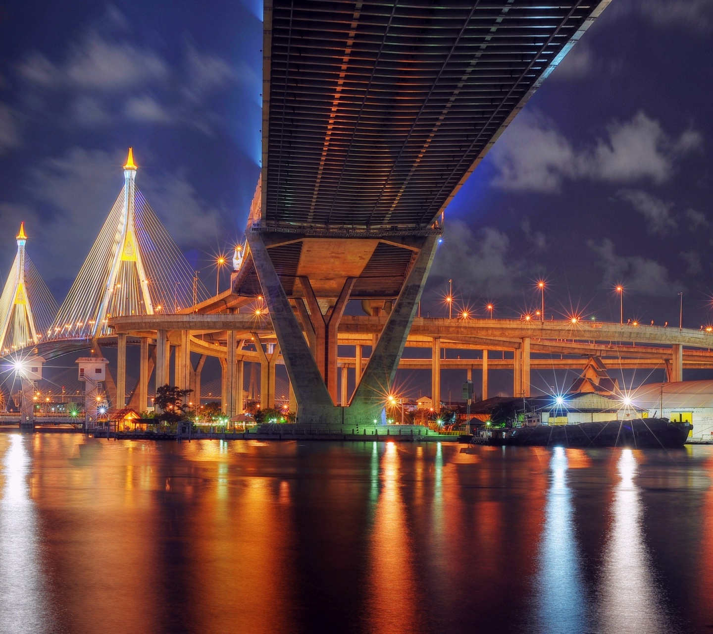 Thailand Bangkok Bridge Night Lights Lamps River Reflection