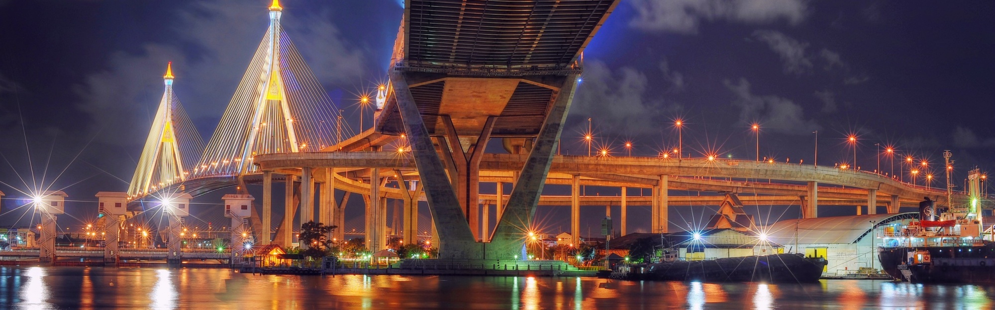 Thailand Bangkok Bridge Night Lights Lamps River Reflection