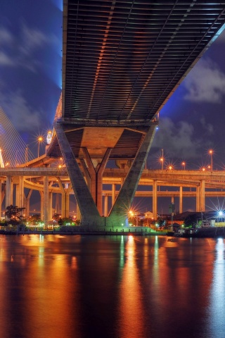 Thailand Bangkok Bridge Night Lights Lamps River Reflection