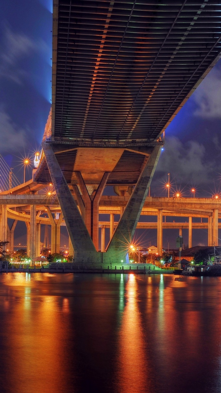 Thailand Bangkok Bridge Night Lights Lamps River Reflection