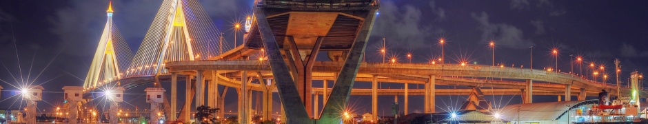 Thailand Bangkok Bridge Night Lights Lamps River Reflection