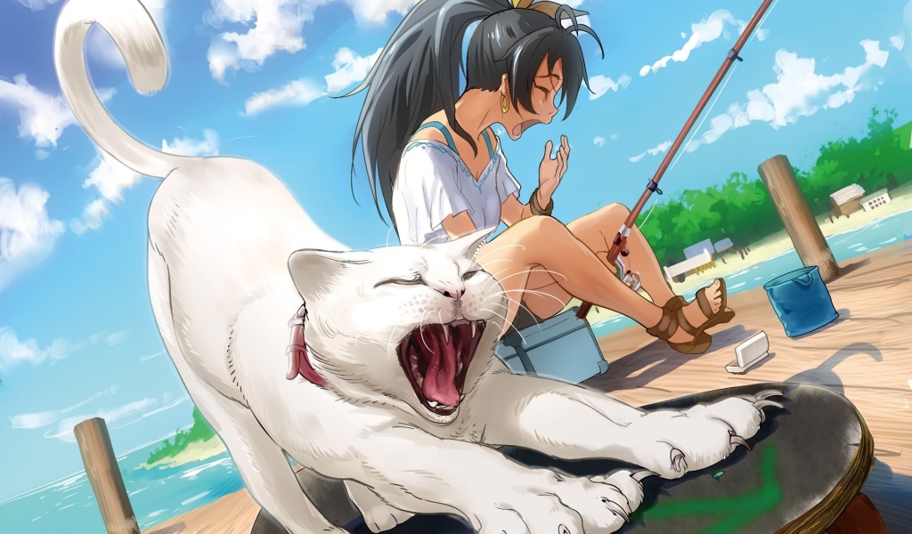 The Idolmaster Ganaha Hibiki Girl Cat Yawning Fishing Pier