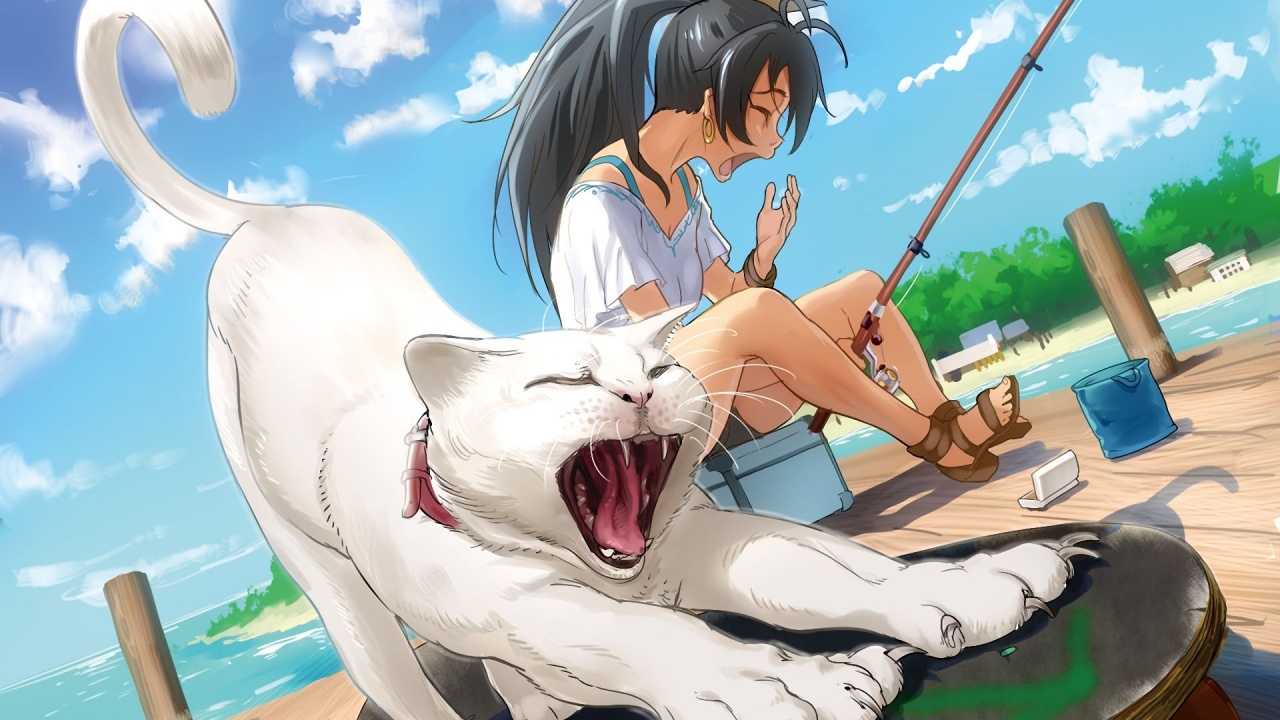 The Idolmaster Ganaha Hibiki Girl Cat Yawning Fishing Pier