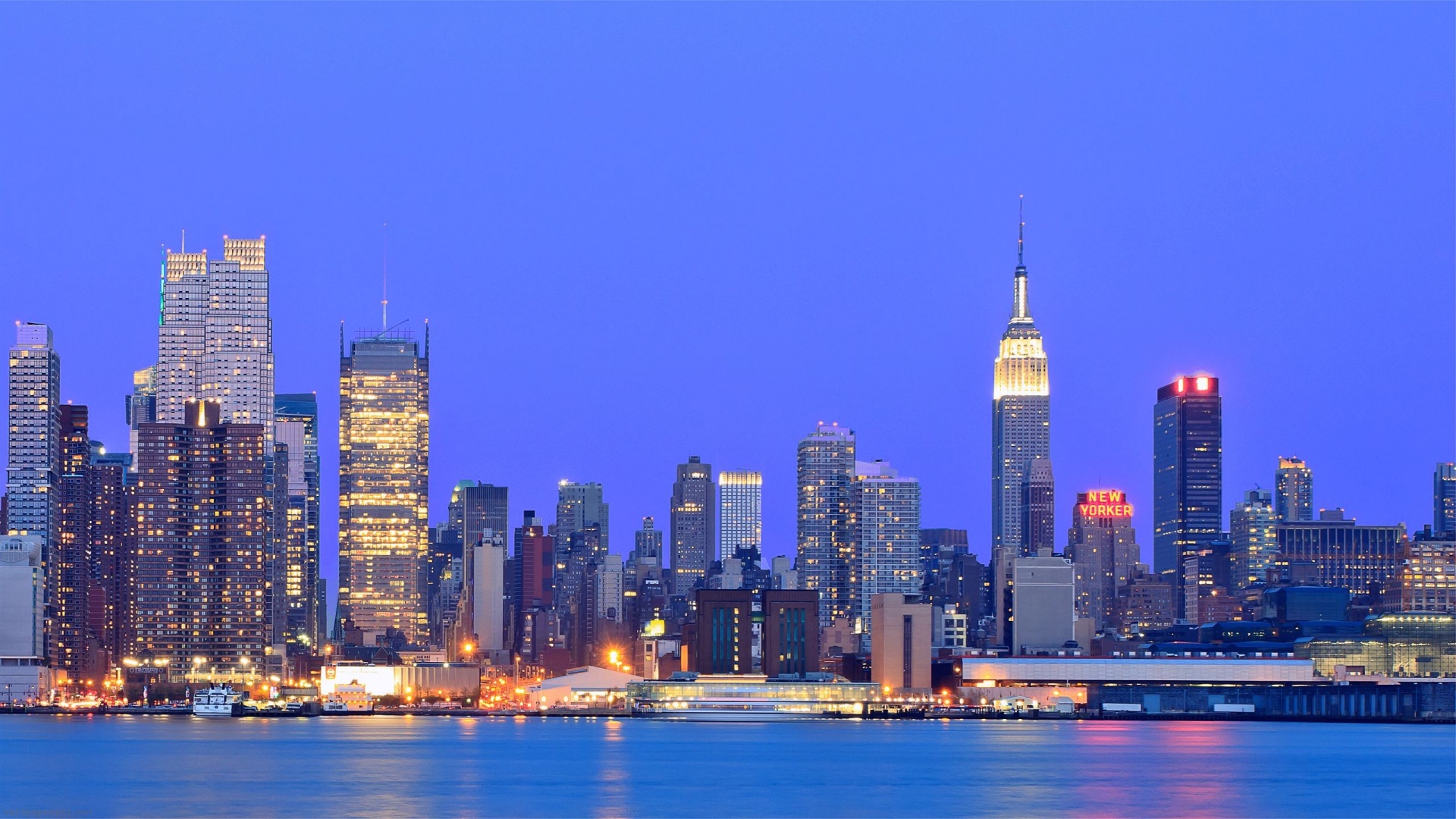 Usa New York Metropolis Buildings Skyscrapers Night Lights River