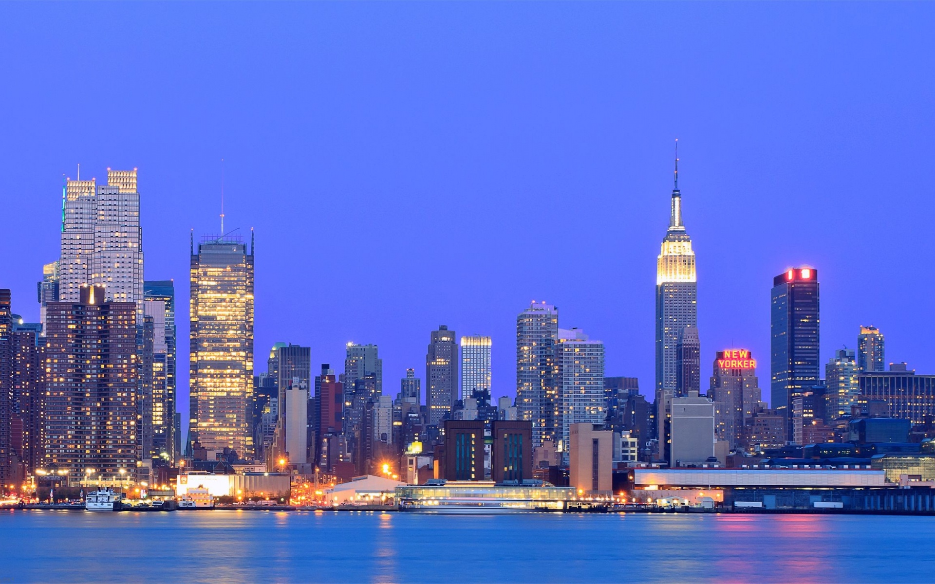 Usa New York Metropolis Buildings Skyscrapers Night Lights River