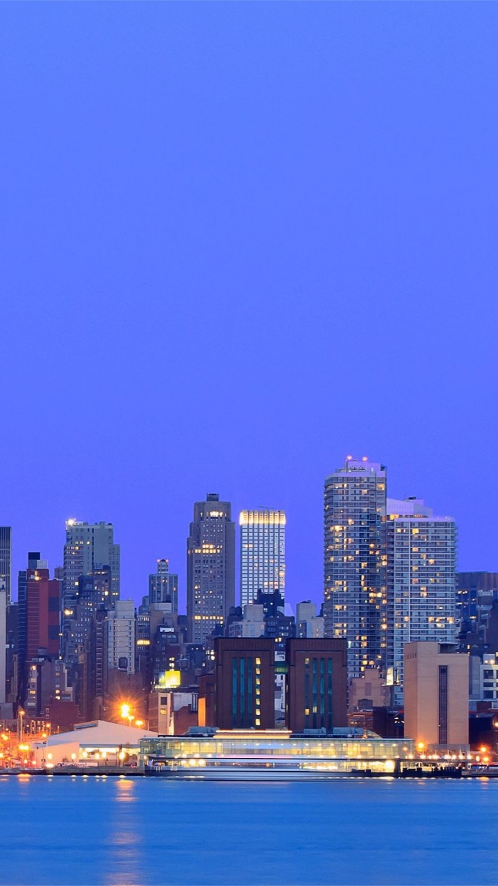 Usa New York Metropolis Buildings Skyscrapers Night Lights River