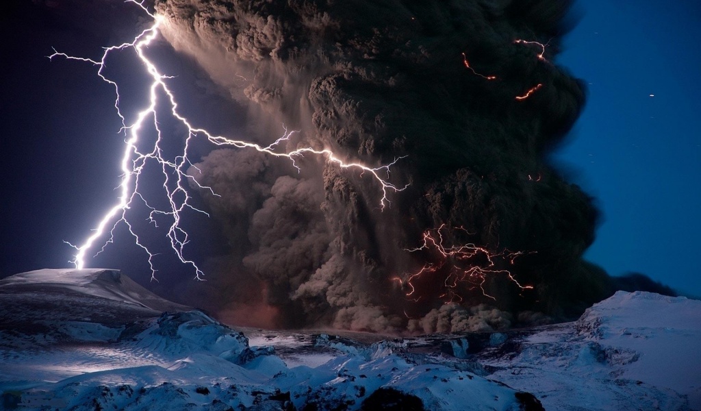 Volcano Lightning Dark Clouds Screen Natural Landscapes