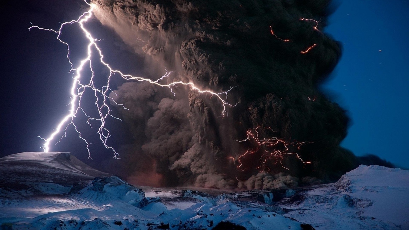 Volcano Lightning Dark Clouds Screen Natural Landscapes