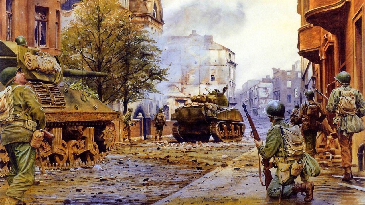 War Americans Tanks City Ruins Devastation Soldiers Battle Sherman Street Smoke Buildings Military Other