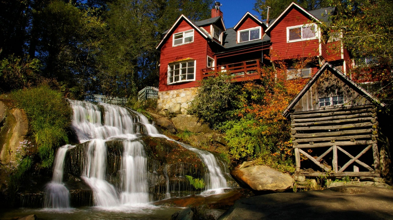 Waterfall Architecture Flowers House Leaves Nature River Rocks Sky Trees Waterfall