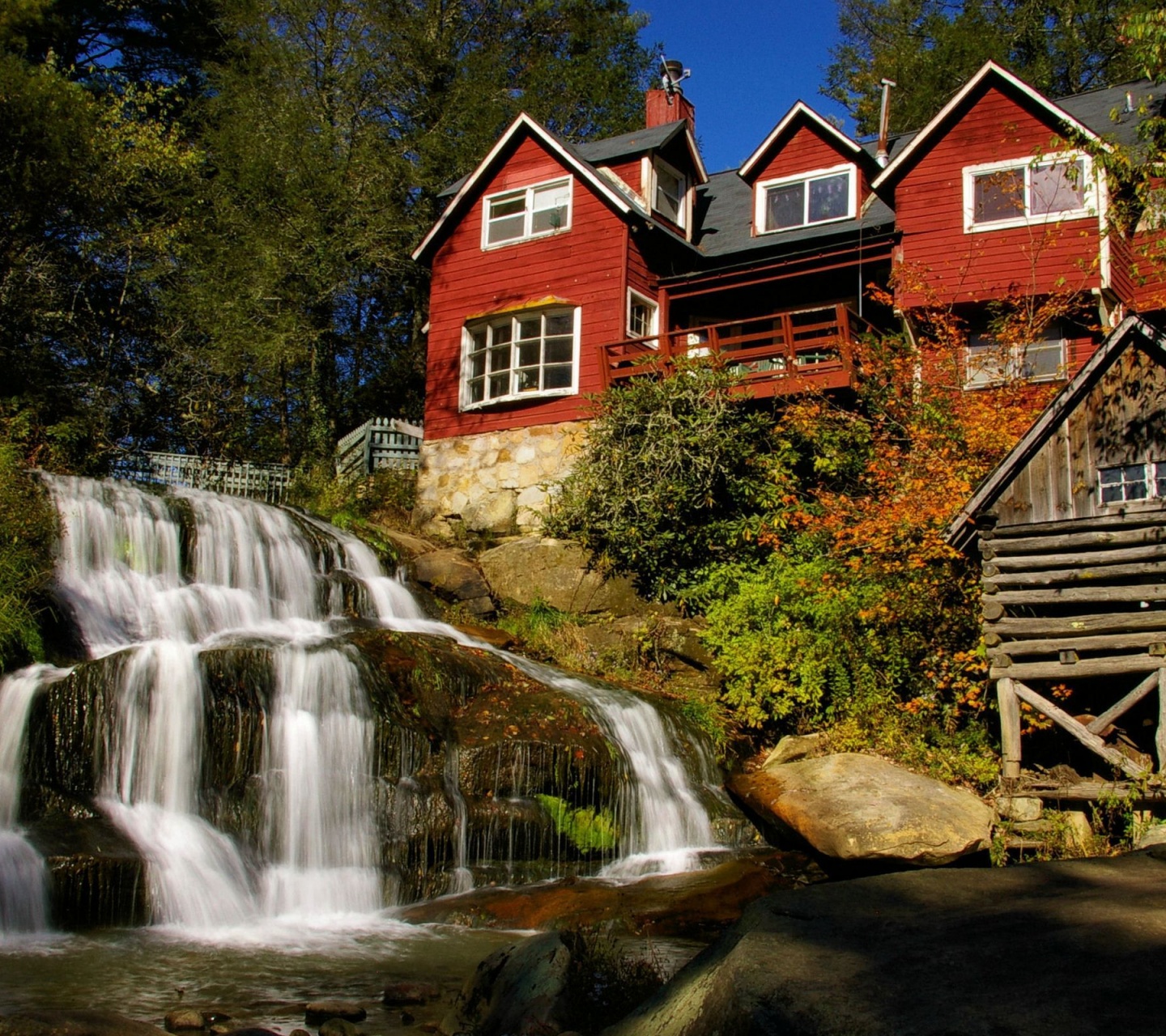 Waterfall Architecture Flowers House Leaves Nature River Rocks Sky Trees Waterfall