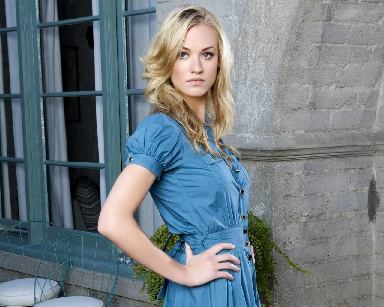 Yvonne Strahovski Blonde Dress Photo Shoot Window