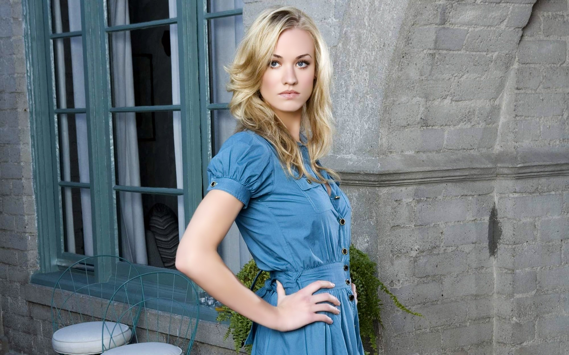 Yvonne Strahovski Blonde Dress Photo Shoot Window