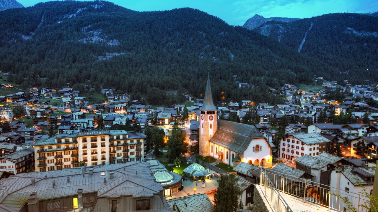 Zermatt Switzerland Mountains Buildings Houses Church Landscape Panorama