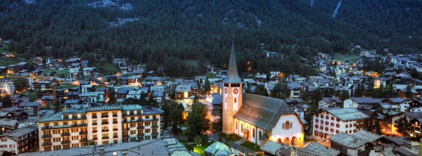 Zermatt Switzerland Mountains Buildings Houses Church Landscape Panorama